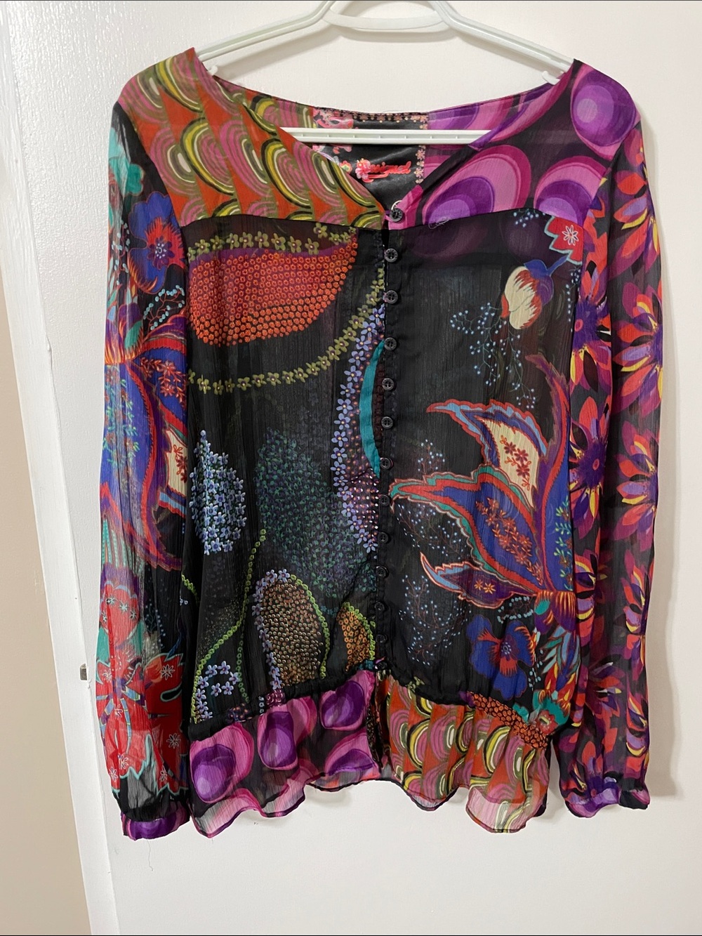 Desigual Multicolour Floral Sheer Long Sleeve Blouse Size XL